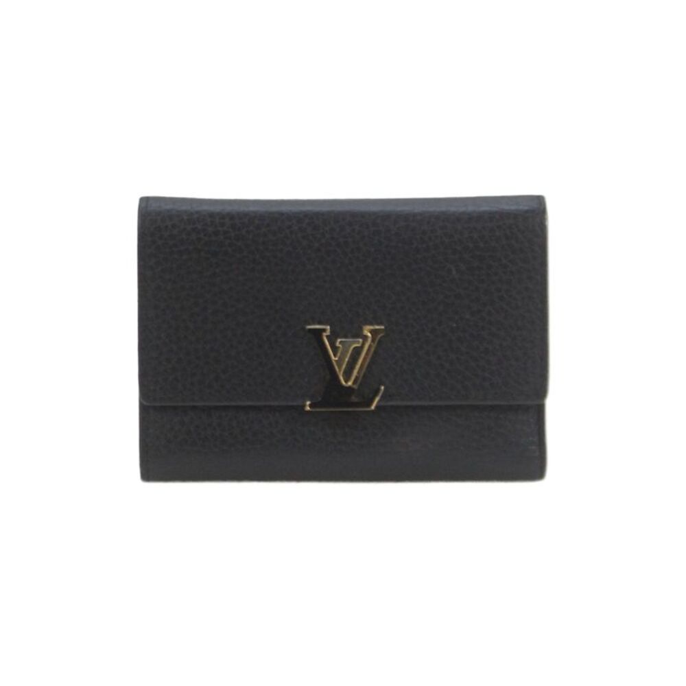 Louis Vuitton Womens Pebbled Leather Gold Tone Logo Wallet Black